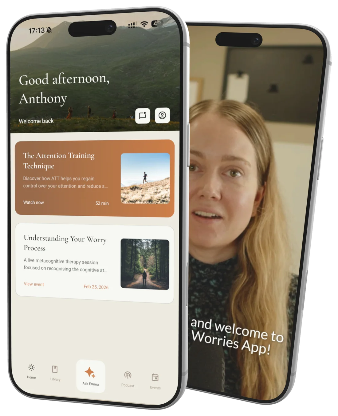 Two phones showing the No Worries app — the home screen and a welcome video
